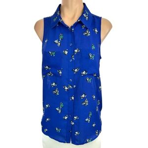 Apt 9 Size PM Sleeveless Collared Blouse Blue w Butterflies Polyester Button-up
